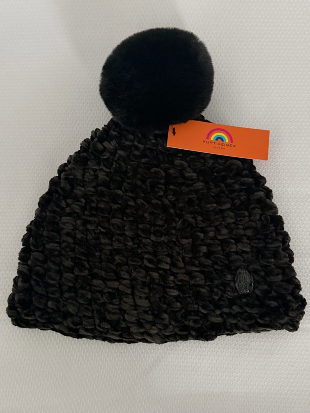 Kurt Geiger Black Plush Pom Pom Beanie